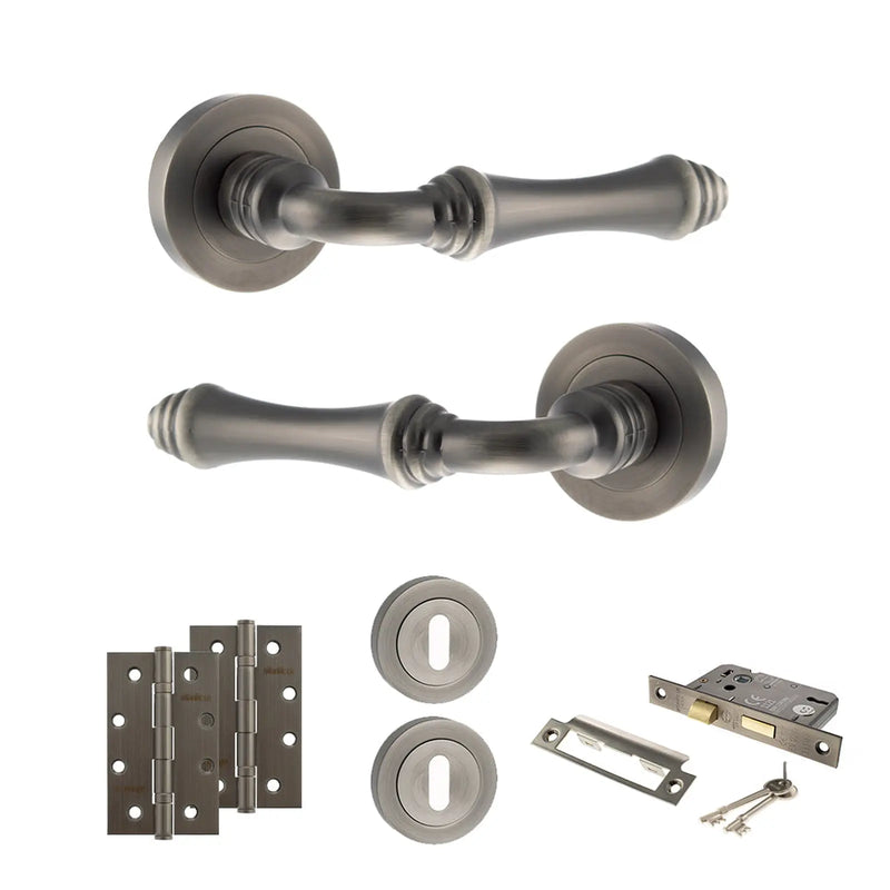 Atlantic Old English Durham Door Handle Pack (3 Lever Lock Set - 3" CE Sashlock, 4" Slim Knuckle Hinges x2)