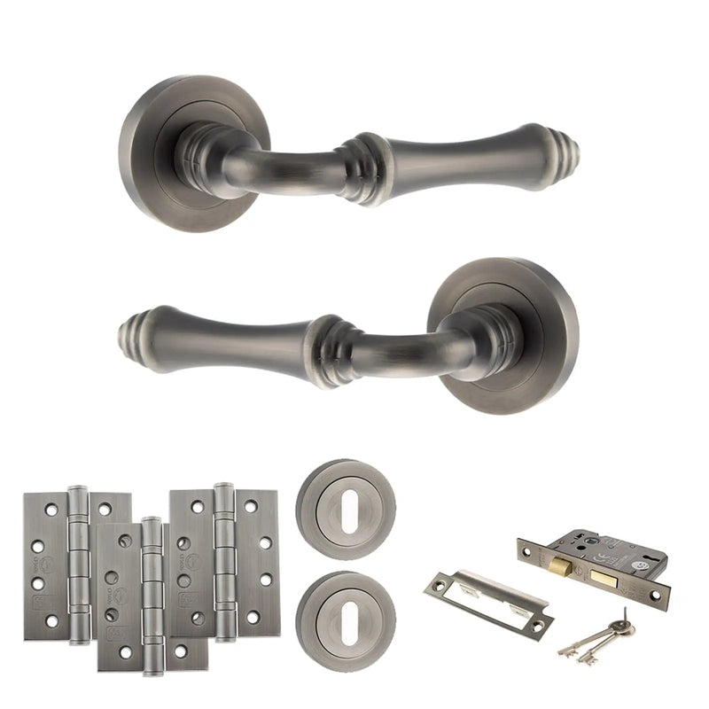 Atlantic Old English Durham Door Handle Pack (3 Lever Lock Set - 2.5" CE Sashlock, 4" Fire Rated Hinges x3)