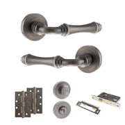Atlantic Old English Durham Door Handle Pack (Bathroom Set - 3" CE Bathroom Lock, 4" Slim Knuckle Hinges x2)