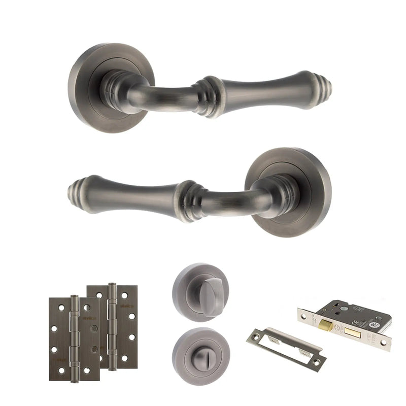 Atlantic Old English Durham Door Handle Pack (Bathroom Set - 3" CE Bathroom Lock, 4" Slim Knuckle Hinges x2)