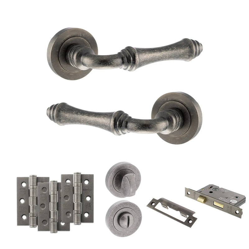 Atlantic Old English Durham Door Handle Pack (Bathroom Set - 3" CE Bathroom Lock, 3" Fire Rated Hinges x3)