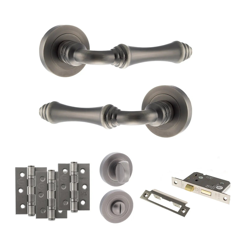 Atlantic Old English Durham Door Handle Pack (Bathroom Set - 3" CE Bathroom Lock, 3" Fire Rated Hinges x3)