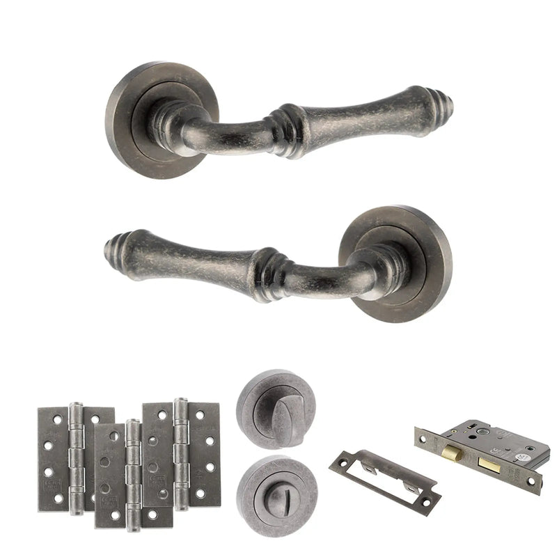 Atlantic Old English Durham Door Handle Pack (Bathroom Set - 2.5" CE Bathroom Lock, 4" Fire Rated Hinges x3)