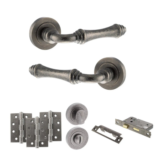 Atlantic Old English Durham Door Handle Pack (Bathroom Set - 3" CE Bathroom Lock, 4" Fire Rated Hinges x3)