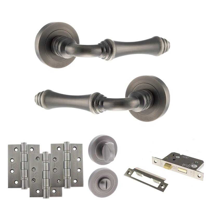 Atlantic Old English Durham Door Handle Pack (Bathroom Set - 3" CE Bathroom Lock, 4" Fire Rated Hinges x3)
