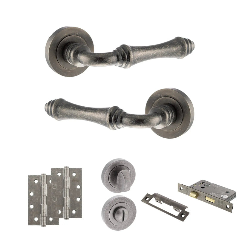 Atlantic Old English Durham Door Handle Pack (Bathroom Set - 2.5" CE Bathroom Lock, 4" Slim Knuckle Hinges x2)