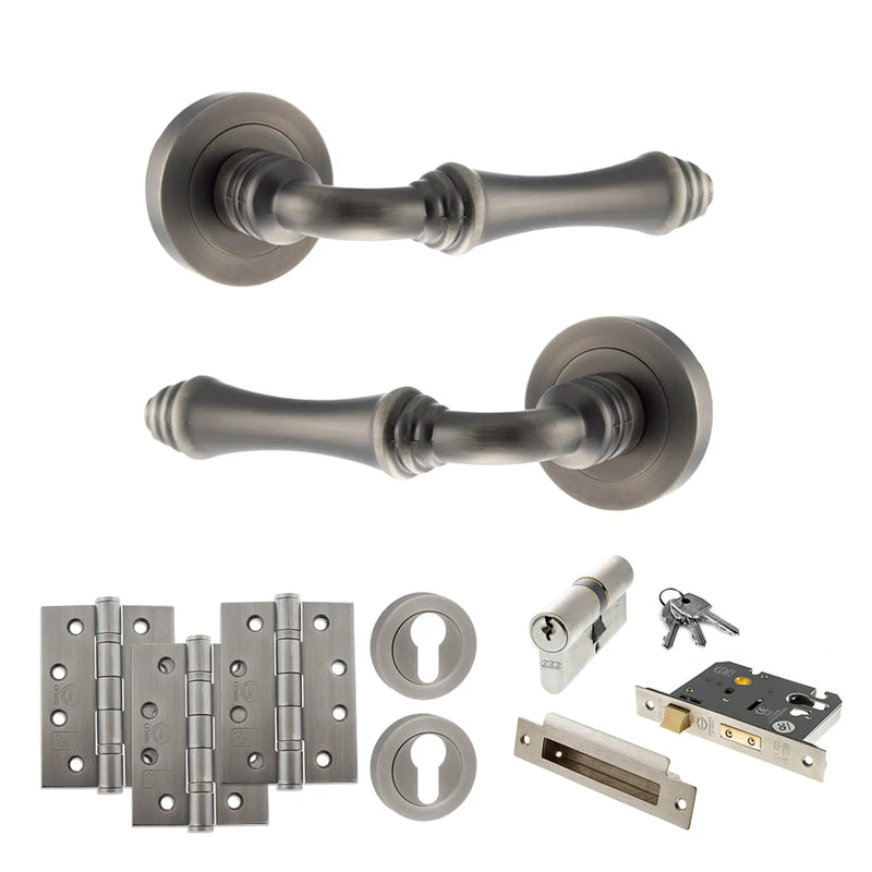 Atlantic Old English Durham Door Handle Pack (Euro Lock Set - 3" CE Sashlock, 4" Fire Rated Hinges x3)