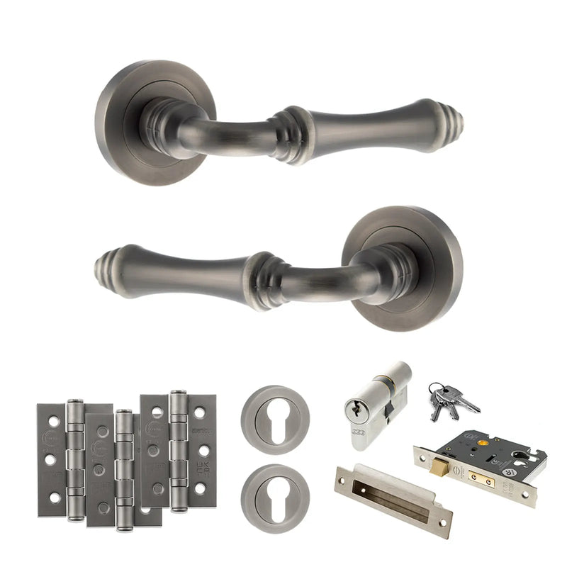 Atlantic Old English Durham Door Handle Pack (Euro Lock Set - 2.5" CE Sashlock, 3" Fire Rated Hinges x3)
