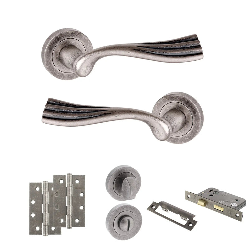 Atlantic Old English Richmond Door Handle Pack (Bathroom Set - 3" CE Bathroom Lock, 4" Slim Knuckle Hinges x2)
