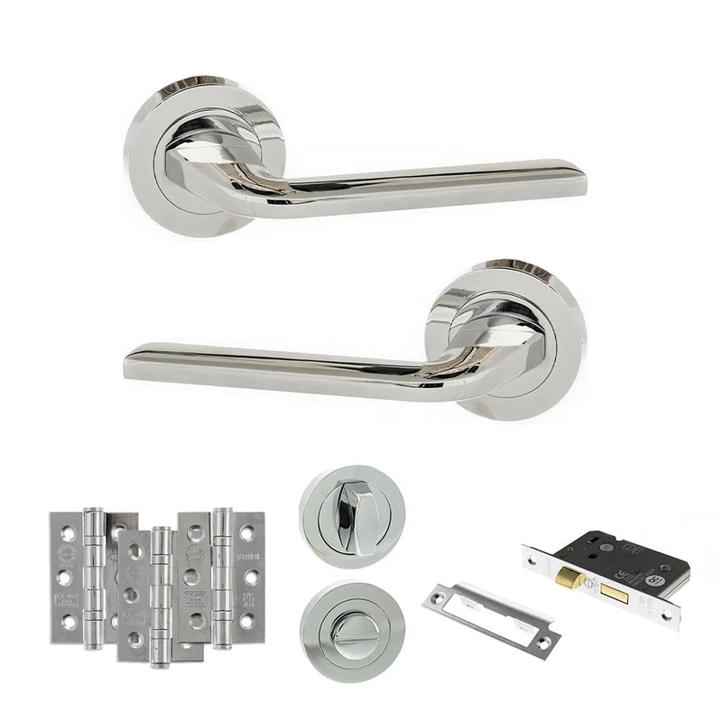Atlantic Eco Surf Door Handle Pack (Bathroom Set - 2.5" CE Bathroom Lock, 3" Fire Rated Hinges x3)