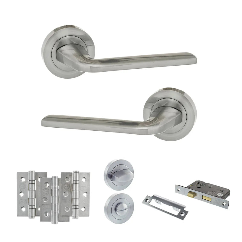 Atlantic Eco Surf Door Handle Pack (Bathroom Set - 2.5" CE Bathroom Lock, 3" Fire Rated Hinges x3)