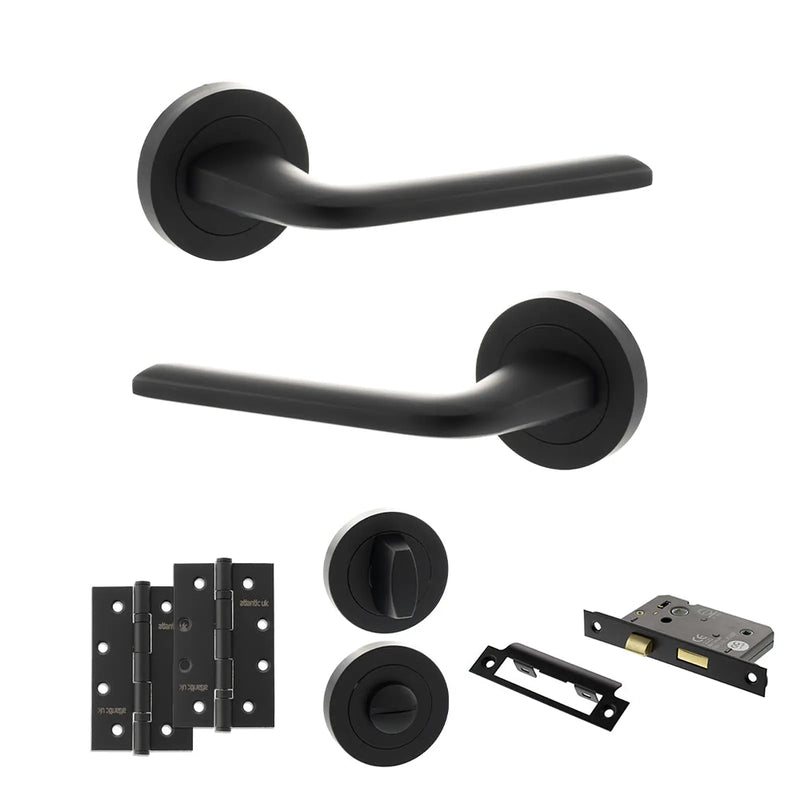 Atlantic Eco Surf Door Handle Pack (Bathroom Set - 2.5" CE Bathroom Lock, 4" Slim Knuckle Hinges x2)