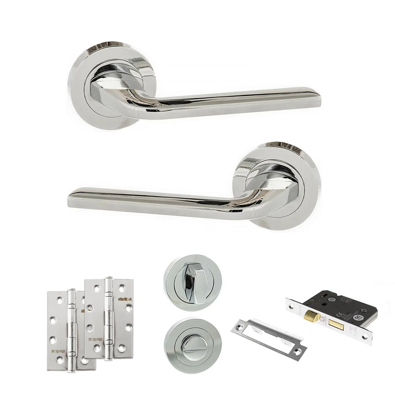 Atlantic Eco Surf Door Handle Pack (Bathroom Set - 2.5" CE Bathroom Lock, 4" Slim Knuckle Hinges x2)