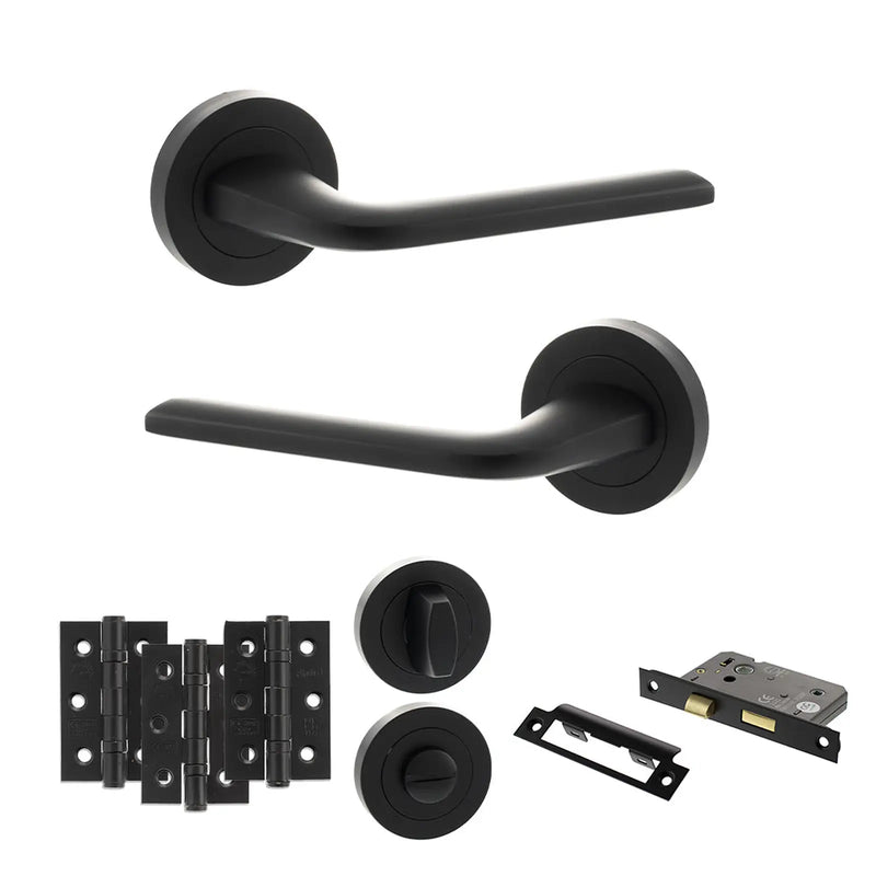 Atlantic Eco Surf Door Handle Pack (Bathroom Set - 3" CE Bathroom Lock, 3" Fire Rated Hinges x3)