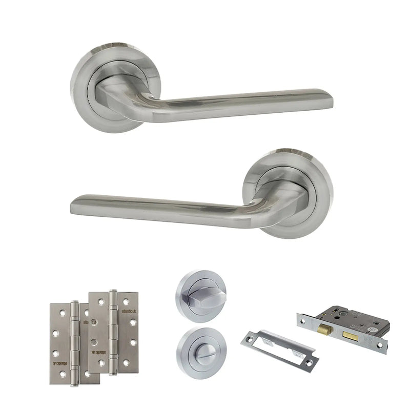 Atlantic Eco Surf Door Handle Pack (Bathroom Set - 3" CE Bathroom Lock, 4" Slim Knuckle Hinges x2)