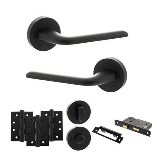 Atlantic Eco Surf Door Handle Pack (Bathroom Set - 3" CE Bathroom Lock, 4" Fire Rated Hinges x3)