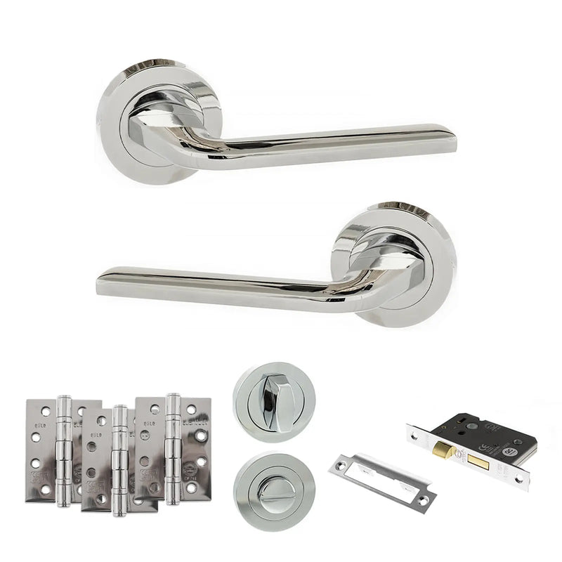 Atlantic Eco Surf Door Handle Pack (Bathroom Set - 3" CE Bathroom Lock, 4" Fire Rated Hinges x3)