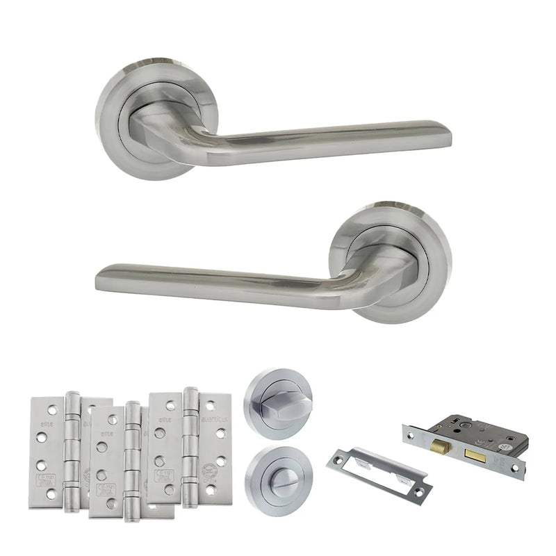 Atlantic Eco Surf Door Handle Pack (Bathroom Set - 3" CE Bathroom Lock, 4" Fire Rated Hinges x3)