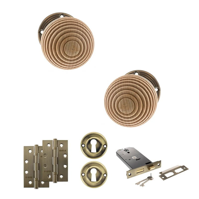 Atlantic Old English Bridlington Door Knob Pack (Lock Set - Horizontal Sashlock, 4" Slim Knuckle Hinges x2)