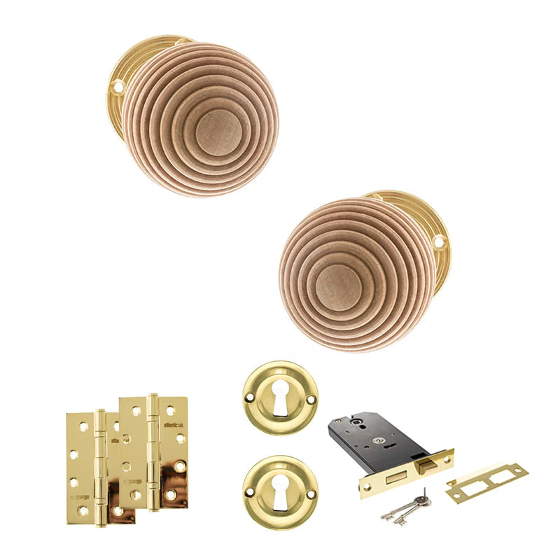 Atlantic Old English Bridlington Door Knob Pack (Lock Set - Horizontal Sashlock, 4" Slim Knuckle Hinges x2)