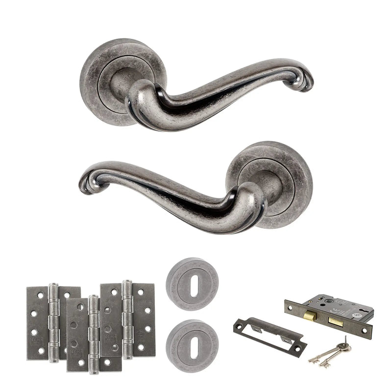 Atlantic Old English Colchester Door Handle Pack (3 Lever Lock Set - 3" CE Sashlock, 4" Fire Rated Hinges x3)