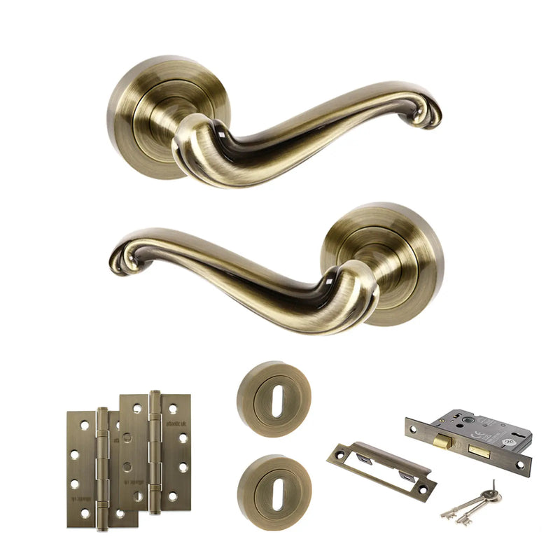 Atlantic Old English Colchester Door Handle Pack (3 Lever Lock Set - 2.5" CE Sashlock, 4" Slim Knuckle Hinges x2)