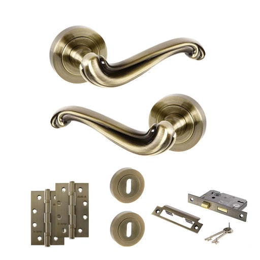 Atlantic Old English Colchester Door Handle Pack (3 Lever Lock Set - 3" CE Sashlock, 4" Slim Knuckle Hinges x2)