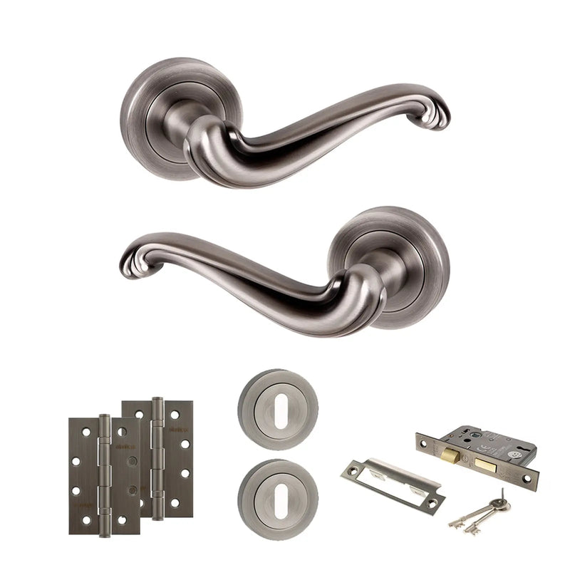 Atlantic Old English Colchester Door Handle Pack (3 Lever Lock Set - 3" CE Sashlock, 4" Slim Knuckle Hinges x2)