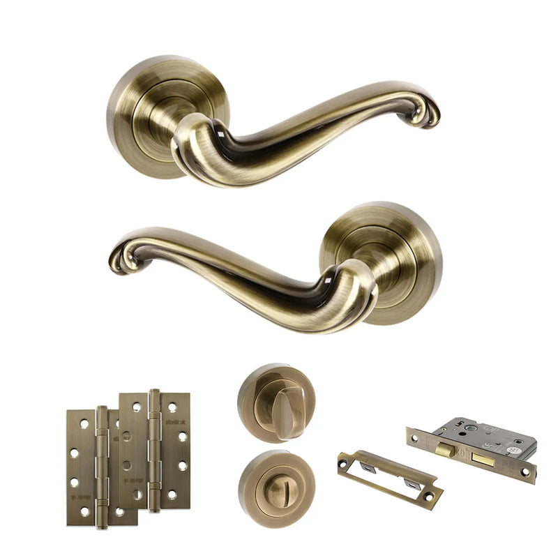 Atlantic Old English Colchester Door Handle Pack (Bathroom Set - 2.5" CE Bathroom Lock, 4" Slim Knuckle Hinges x2)