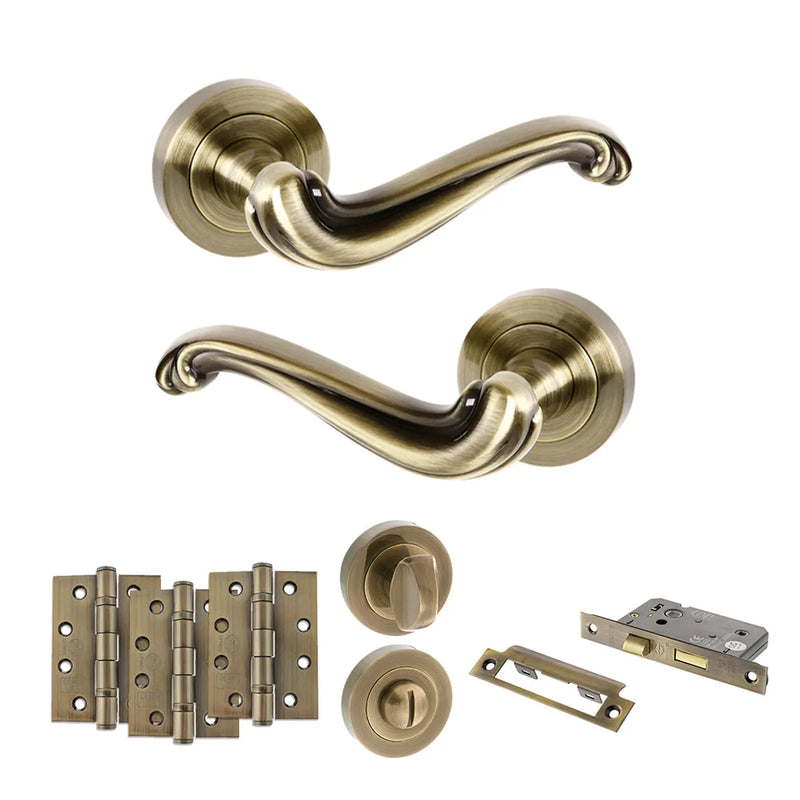 Atlantic Old English Colchester Door Handle Pack (Bathroom Set - 2.5" CE Bathroom Lock, 4" Fire Rated Hinges x3)