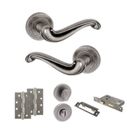 Atlantic Old English Colchester Door Handle Pack (Bathroom Set - 3" CE Bathroom Lock, 4" Slim Knuckle Hinges x2)