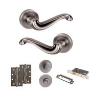 Atlantic Old English Colchester Door Handle Pack (Bathroom Set - 3" CE Bathroom Lock, 4" Slim Knuckle Hinges x2)