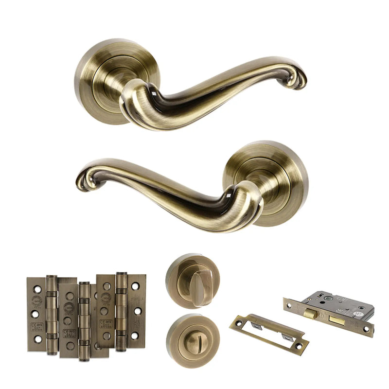 Atlantic Old English Colchester Door Handle Pack (Bathroom Set - 2.5" CE Bathroom Lock, 3" Fire Rated Hinges x3)