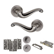 Atlantic Old English Colchester Door Handle Pack (Bathroom Set - 3" CE Bathroom Lock, 4" Fire Rated Hinges x3)