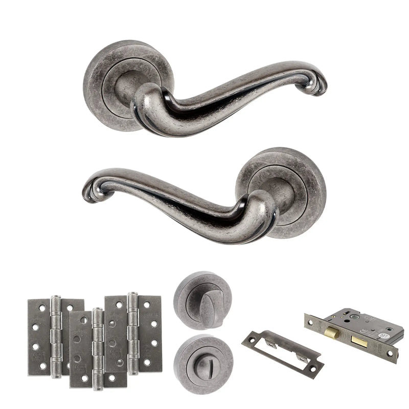 Atlantic Old English Colchester Door Handle Pack (Bathroom Set - 3" CE Bathroom Lock, 4" Fire Rated Hinges x3)