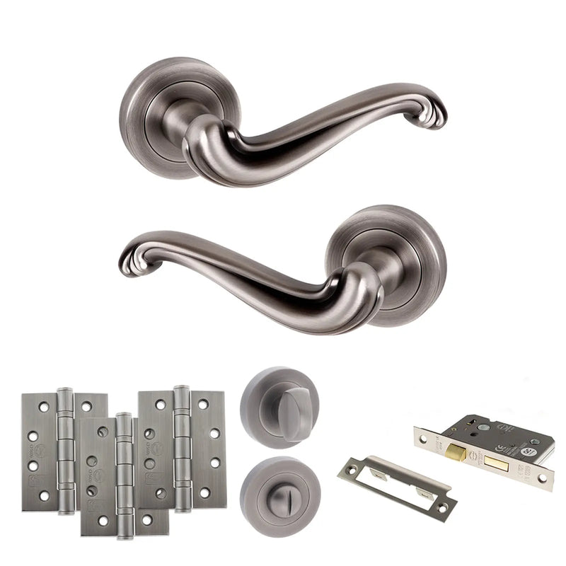 Atlantic Old English Colchester Door Handle Pack (Bathroom Set - 3" CE Bathroom Lock, 4" Fire Rated Hinges x3)