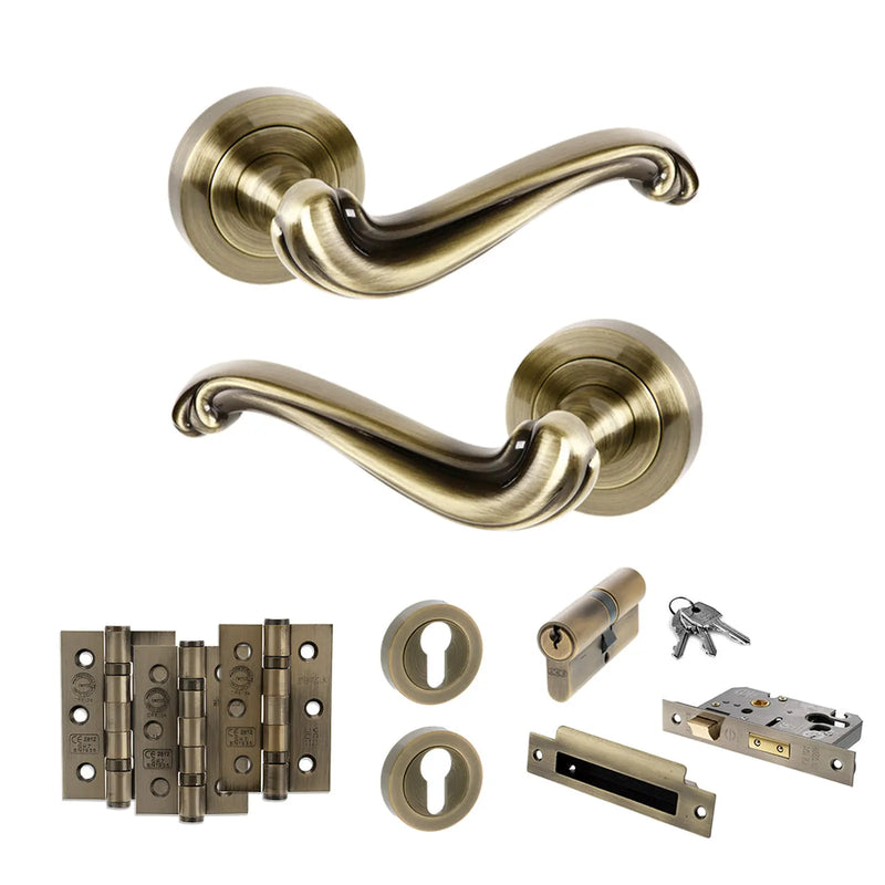 Atlantic Old English Colchester Door Handle Pack (Euro Lock Set - 2.5" CE Sashlock, 3" Fire Rated Hinges x3)