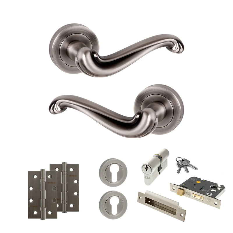 Atlantic Old English Colchester Door Handle Pack (Euro Lock Set - 2.5" CE Sashlock, 4" Slim Knuckle Hinges x2)