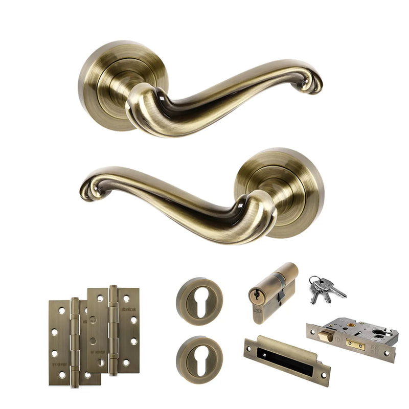 Atlantic Old English Colchester Door Handle Pack (Euro Lock Set - 3" CE Sashlock, 4" Slim Knuckle Hinges x2)