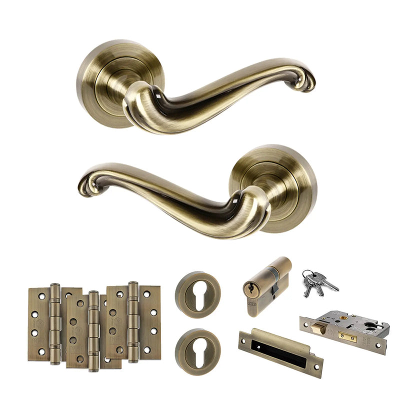 Atlantic Old English Colchester Door Handle Pack (Euro Lock Set - 3" CE Sashlock, 4" Fire Rated Hinges x3)