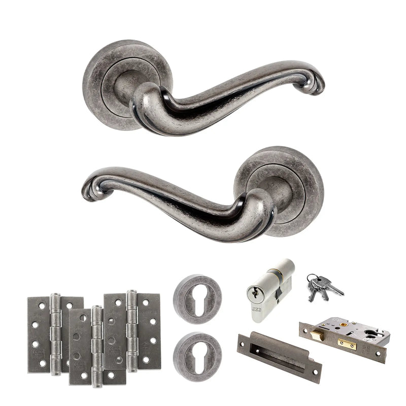 Atlantic Old English Colchester Door Handle Pack (Euro Lock Set - 3" CE Sashlock, 4" Fire Rated Hinges x3)