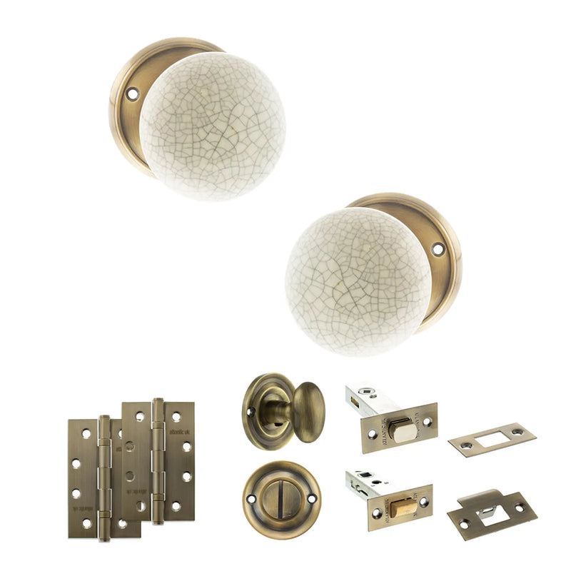 Atlantic Old English Skipton Door Knob Pack (Bathroom Set - 4" Deadbolt, 4" Slim Knuckle Hinges x2)