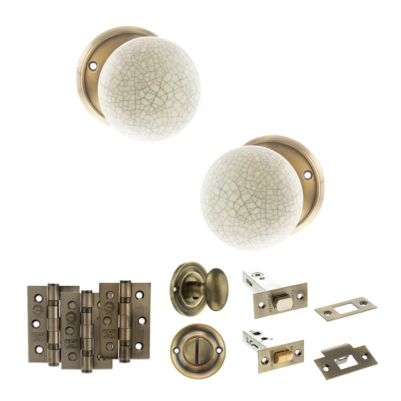 Atlantic Old English Skipton Door Knob Pack (Bathroom Set - 3" Deadbolt, 3" Fire Rated Hinges x3)