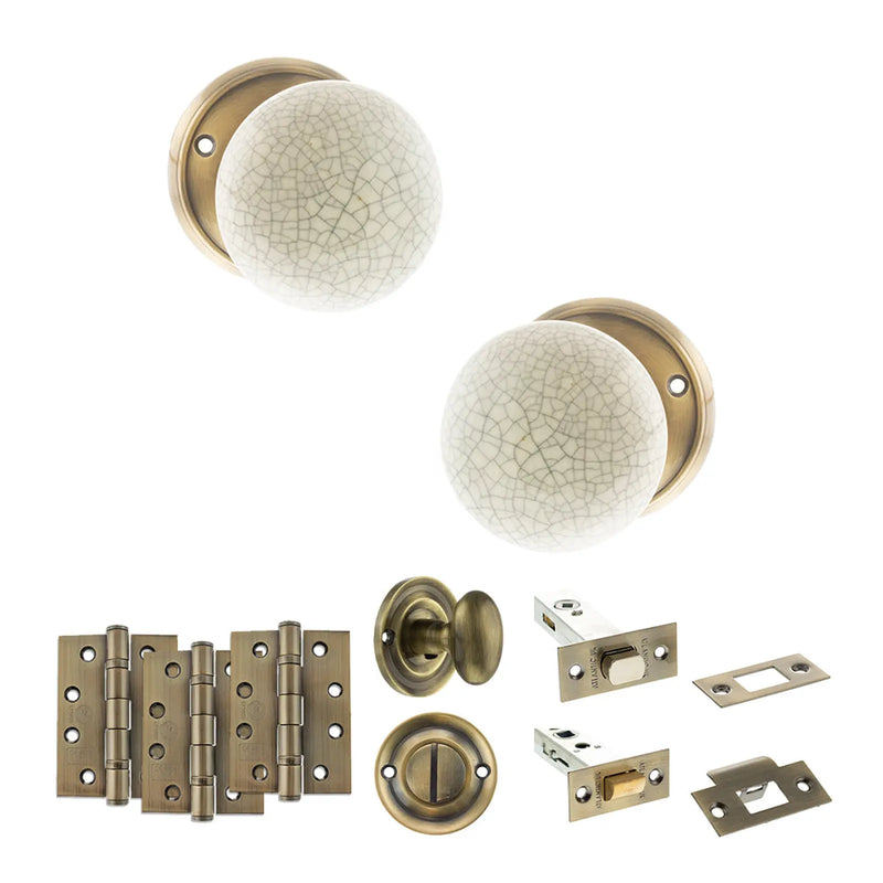 Atlantic Old English Skipton Door Knob Pack (Bathroom Set - 3" Deadbolt, 4" Fire Rated Hinges x3)