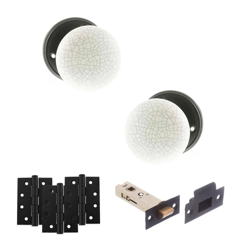 Atlantic Old English Skipton Door Knob Pack (Latch Set - 3" HD Latch, 4" Fire Rated Hinges x3)