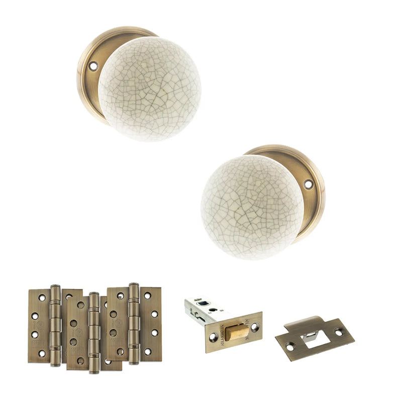 Atlantic Old English Skipton Door Knob Pack (Latch Set - 4" HD Latch, 4" Fire Rated Hinges x3)