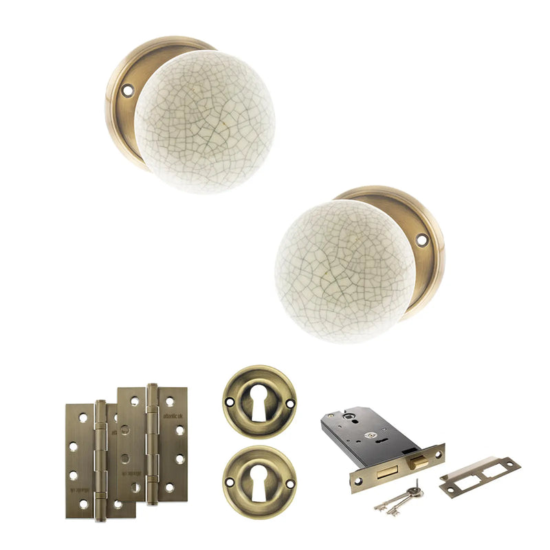 Atlantic Old English Skipton Door Knob Pack (Lock Set - Horizontal Sashlock, 4" Slim Knuckle Hinges x2)