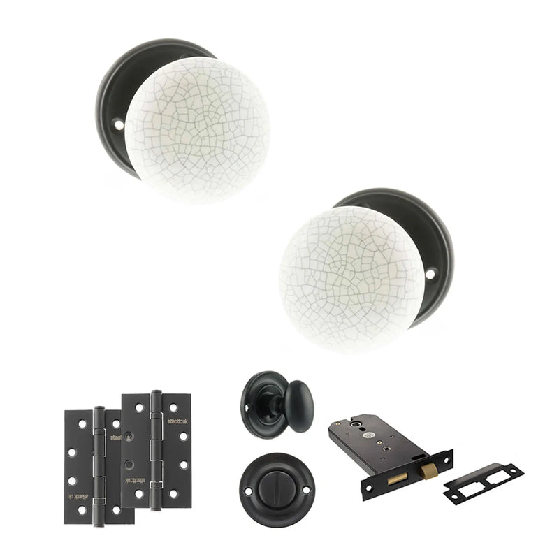Atlantic Old English Skipton Door Knob Pack (Lock Set - Horizontal Bathlock, 4" Slim Knuckle Hinges x2)