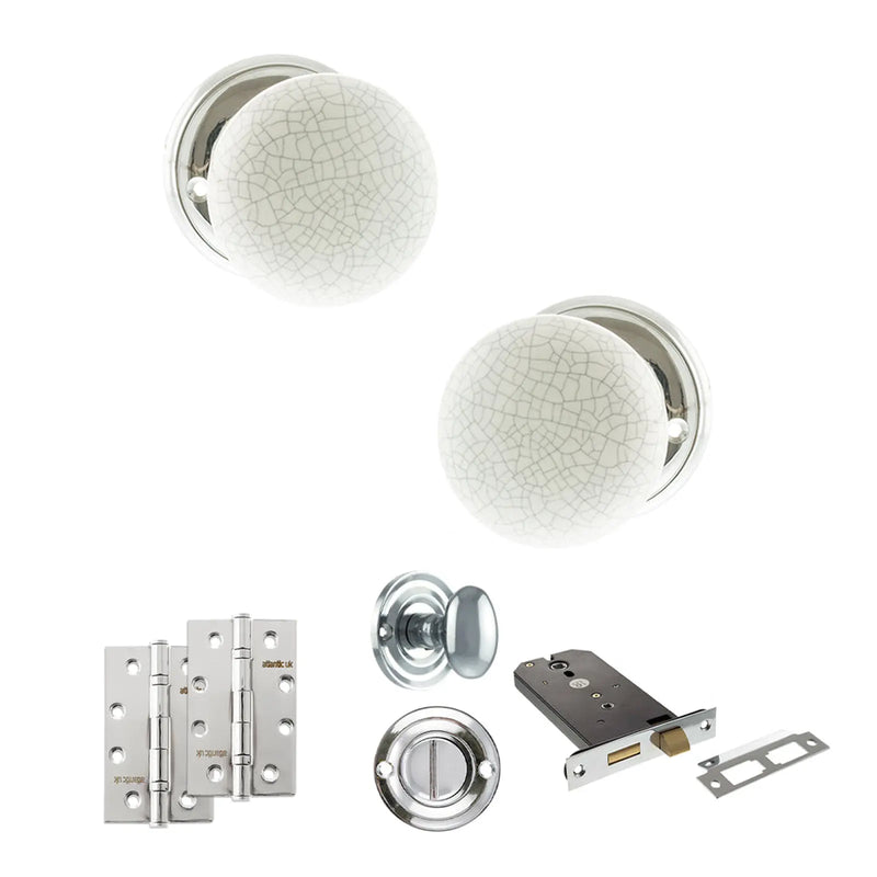 Atlantic Old English Skipton Door Knob Pack (Lock Set - Horizontal Bathlock, 4" Slim Knuckle Hinges x2)