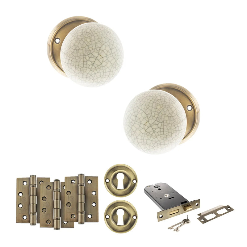 Atlantic Old English Skipton Door Knob Pack (Lock Set - Horizontal Sashlock, 4" Fire Rated Hinges x3)